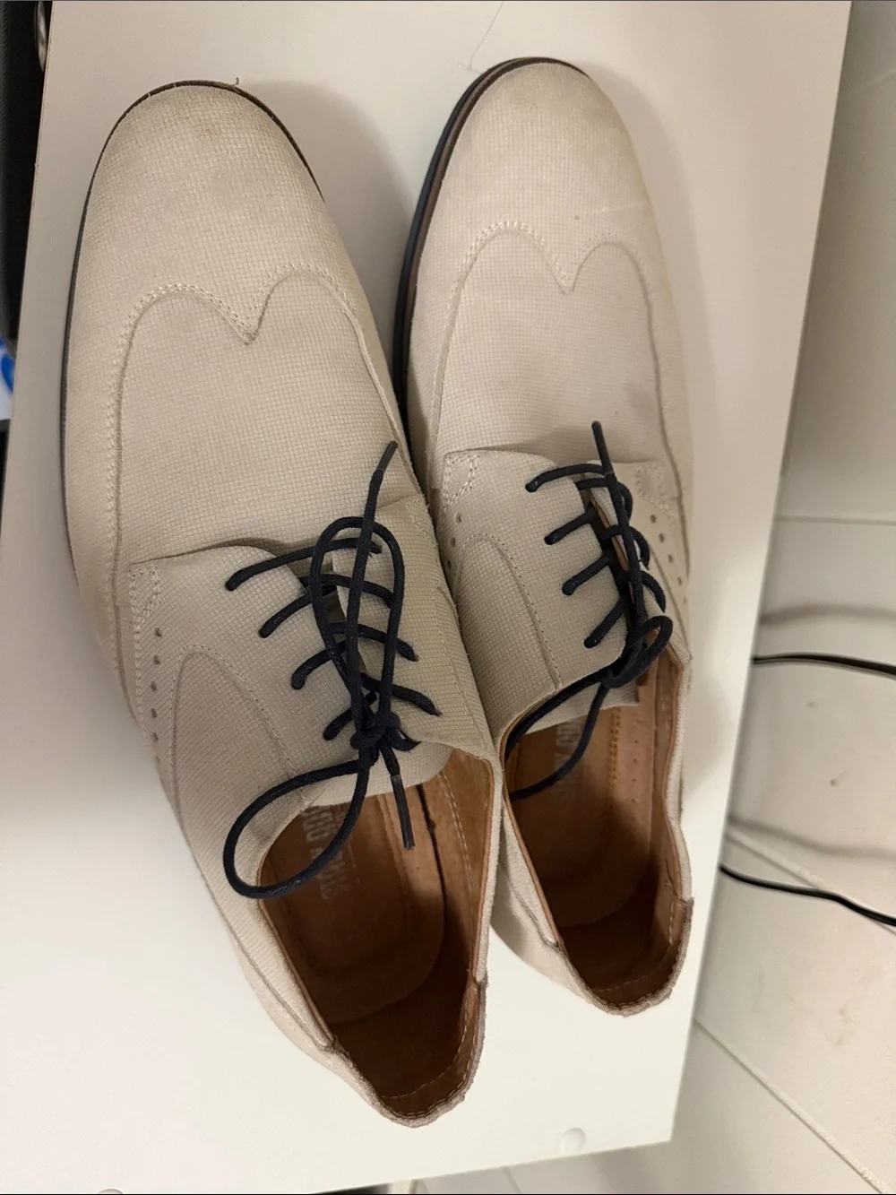 Stacy Adams Cream Canvas Wingtip Oxfords with Navy Accents